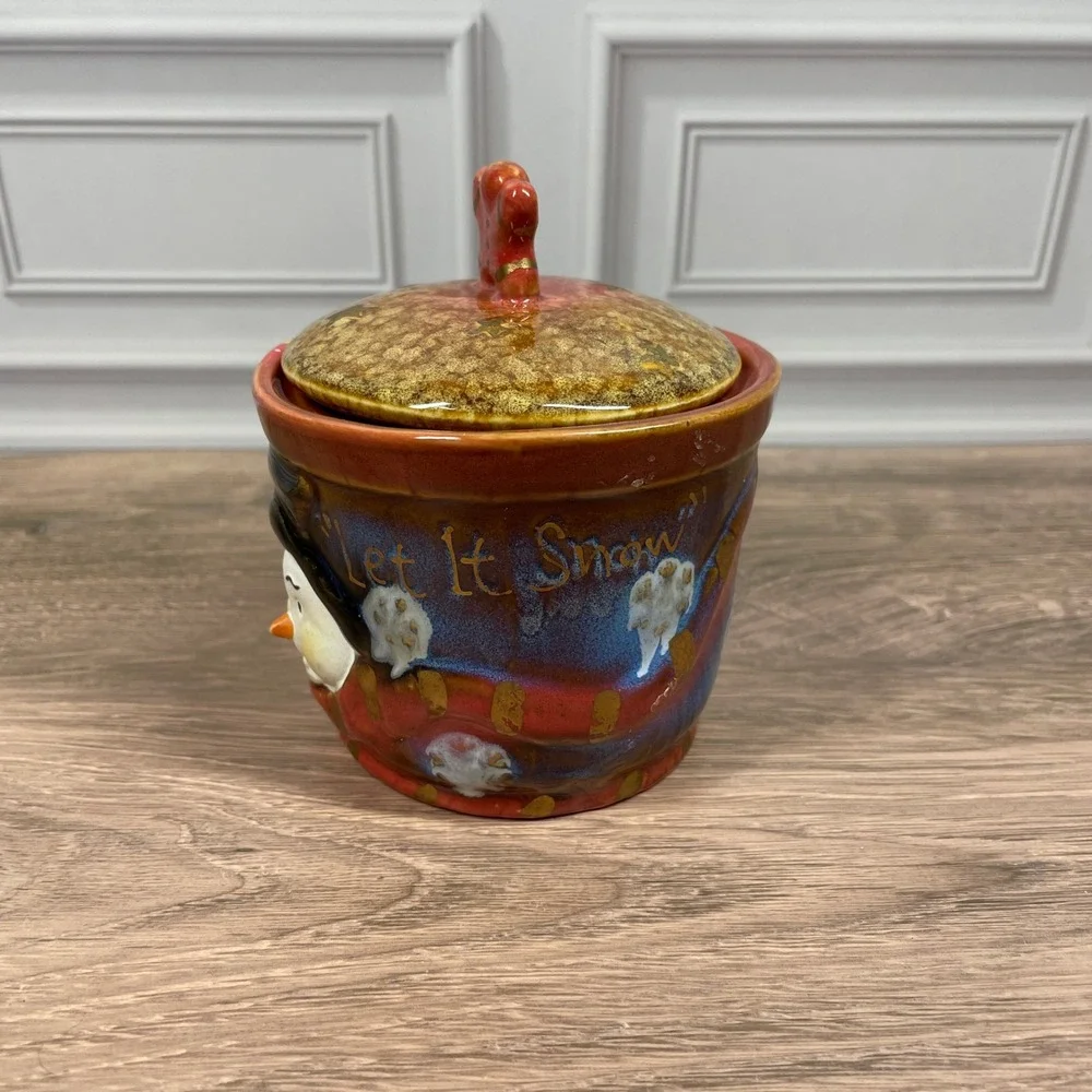 Handcrafted Snowman Ceramic Canister with Lid Let it Snow Christmas Decor